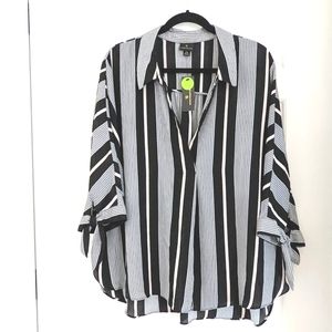 Women's Plus Sized Blue White Striped Flowy V Neck Top 3/4 Sleeves Bows Size XXL